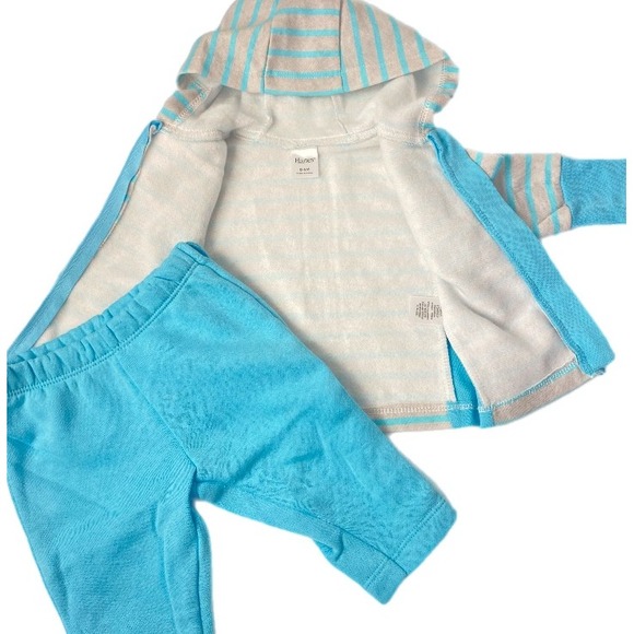 Hanes Other - Hanes Hoodie and Pants 2pc Set Baby 0-6M Blue Grey Striped Fleece Zip Up
